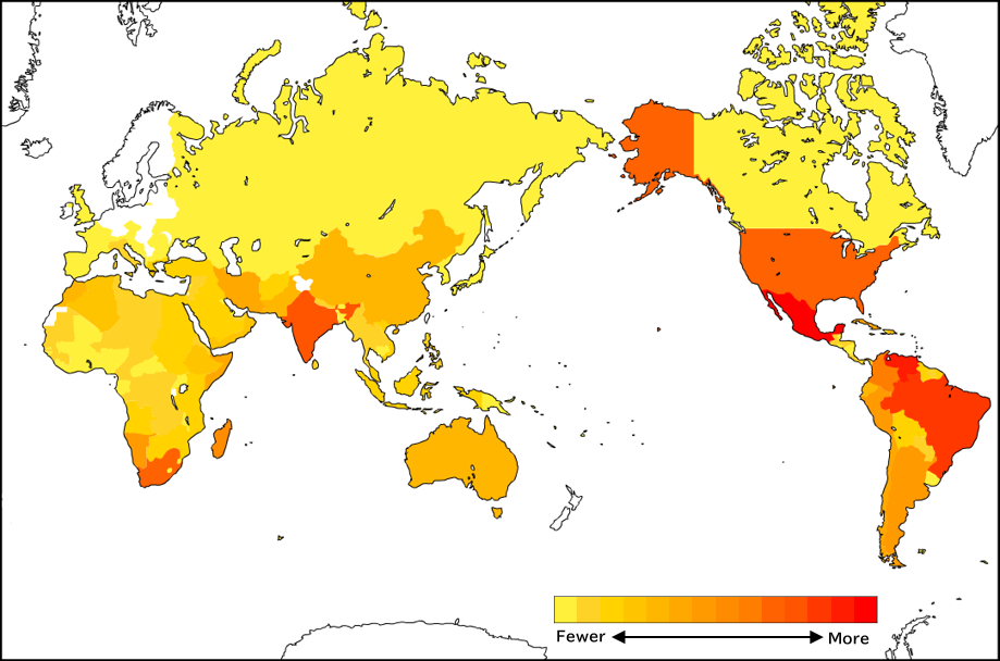 Number of scorpion species distributed by country